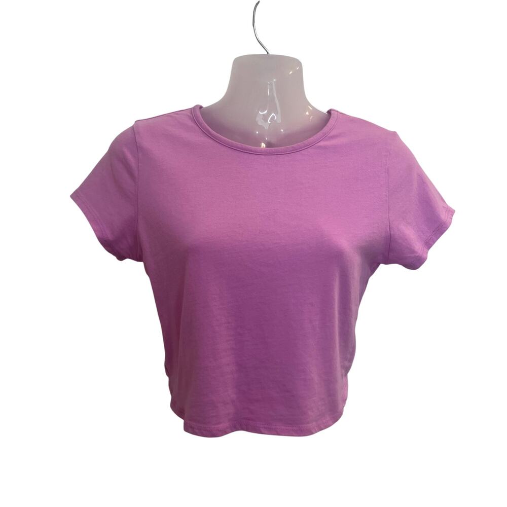 Destined Short Sleeve Casual Summer Crew Neck Strappy Cropped Top Pink Medium